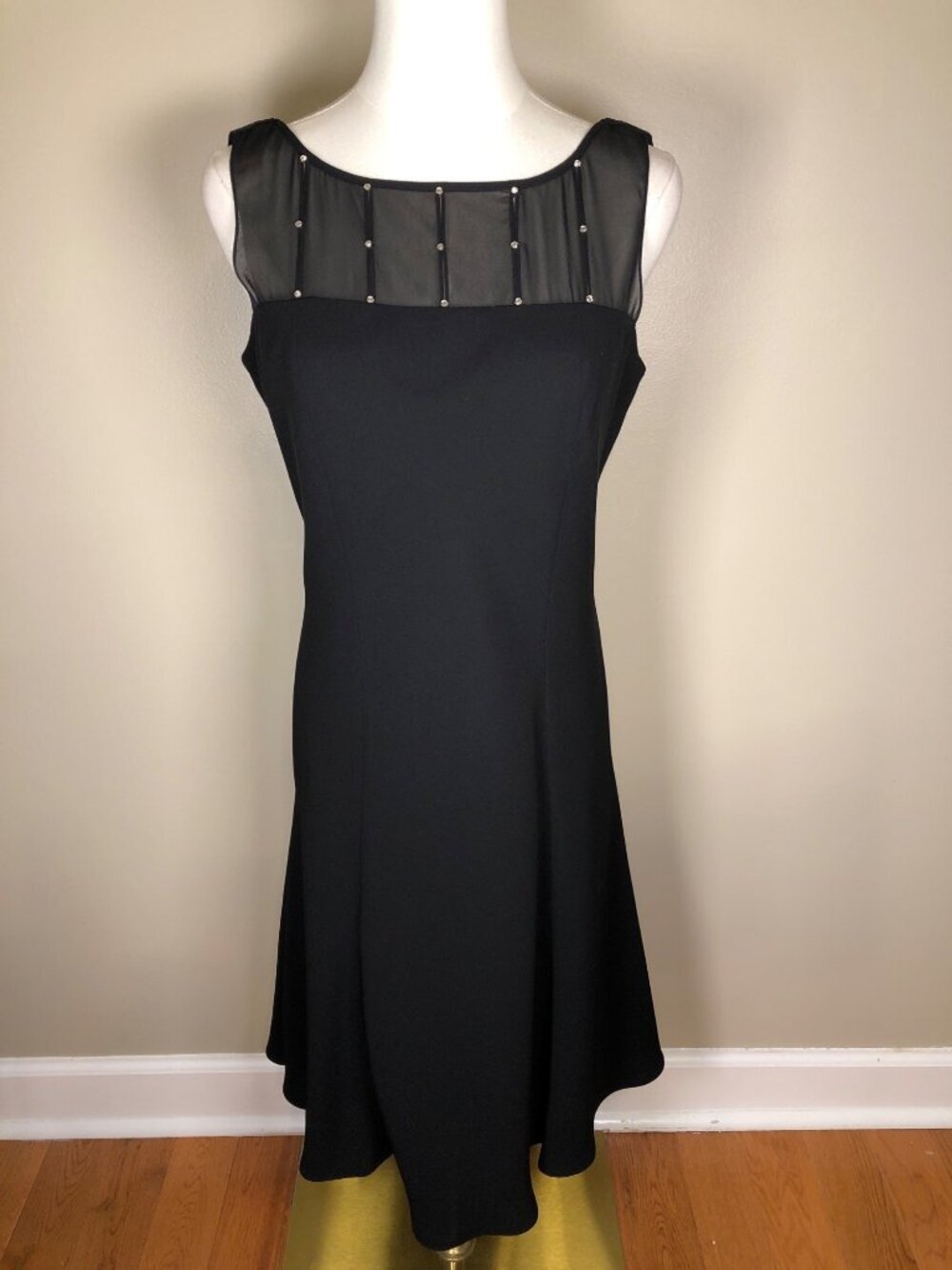 Evan-Picone Whimsigoth Romantic Sheer Back Drape Black Midi Dress Size 10P